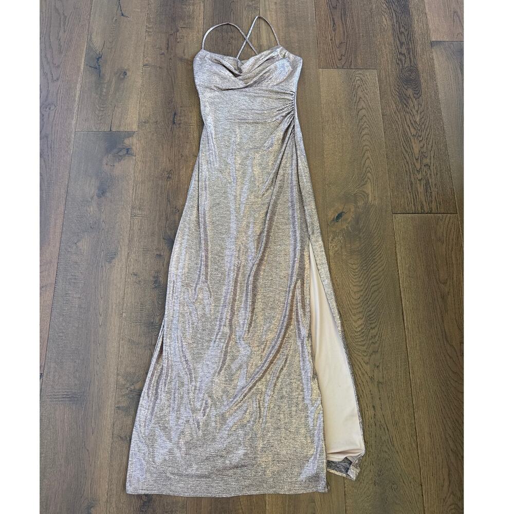 Morgan & Co. Spaghetti Strap Draped Cowl Neck Slit Maxi Formal Gown Gold Women 4